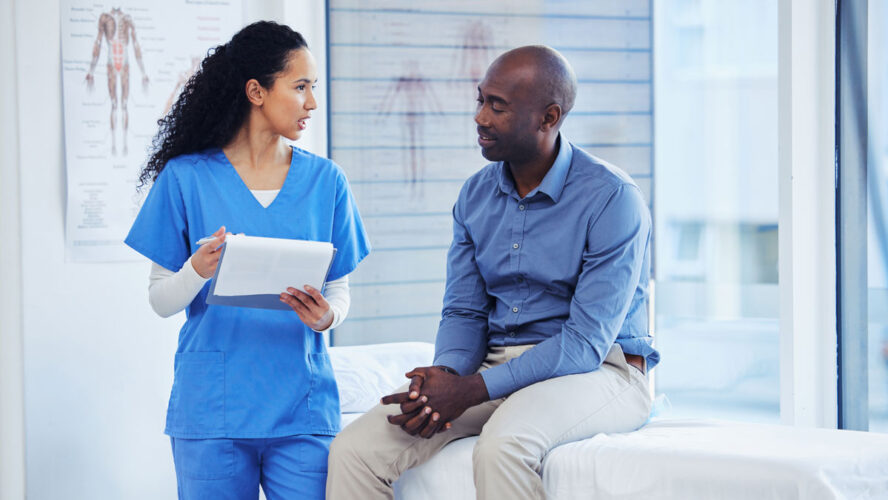 Patient, nurse and healthcare clipboard in hospital for health insurance consultation. Patient and professional nurse woman talking about symptoms, wellness and questions or advice for healthy life