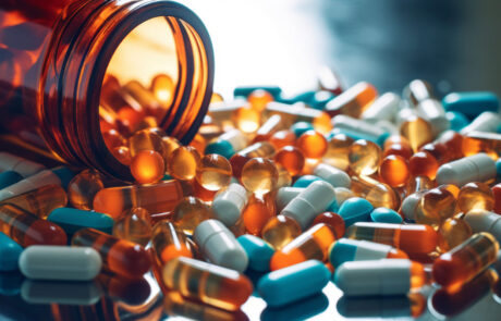 Prescription opioids, with bottle of many pills on the mirror light table. Concept of addiction, opioid crisis, overdose and medicine shopping. High quality image