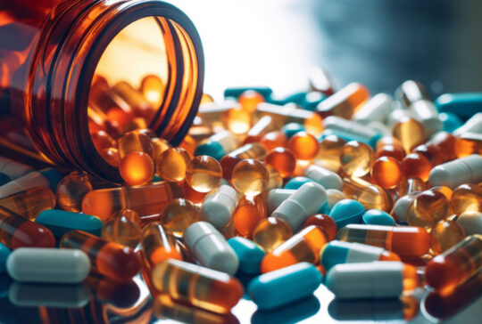 Prescription opioids, with bottle of many pills on the mirror light table. Concept of addiction, opioid crisis, overdose and medicine shopping. High quality image