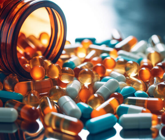 Prescription opioids, with bottle of many pills on the mirror light table. Concept of addiction, opioid crisis, overdose and medicine shopping. High quality image