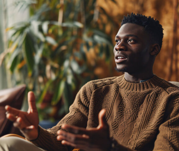 Young man in a sweater sitting in a chair and talking.