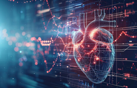 Heartbeat line transforming into a digital AI code, AI role in real-time patient monitoring and heart health management. Advanced AI technology for cardiac care