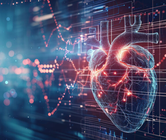Heartbeat line transforming into a digital AI code, AI role in real-time patient monitoring and heart health management. Advanced AI technology for cardiac care