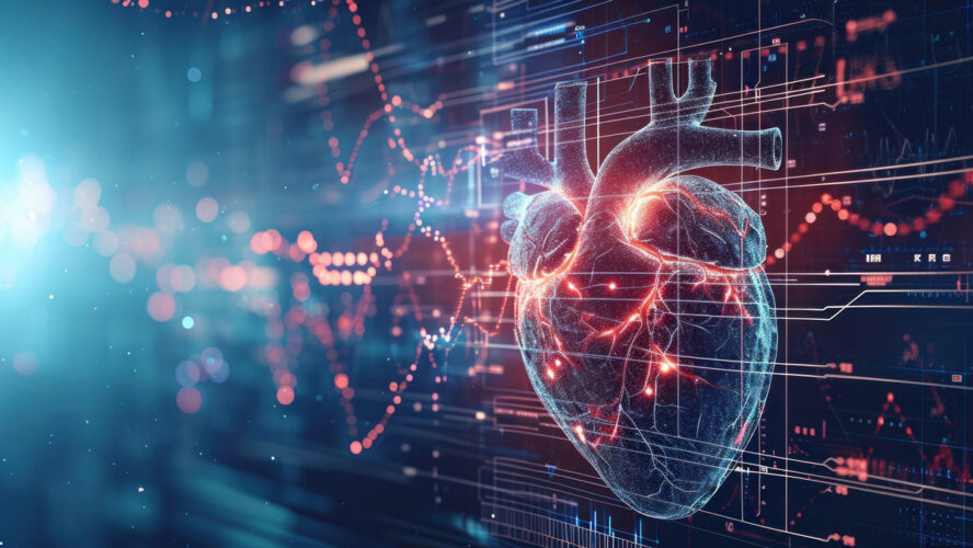 Heartbeat line transforming into a digital AI code, AI role in real-time patient monitoring and heart health management. Advanced AI technology for cardiac care