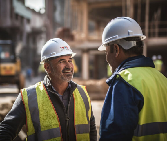 two men at a construction site who are talking to each other, discussing something on a paper, both with safety helmets