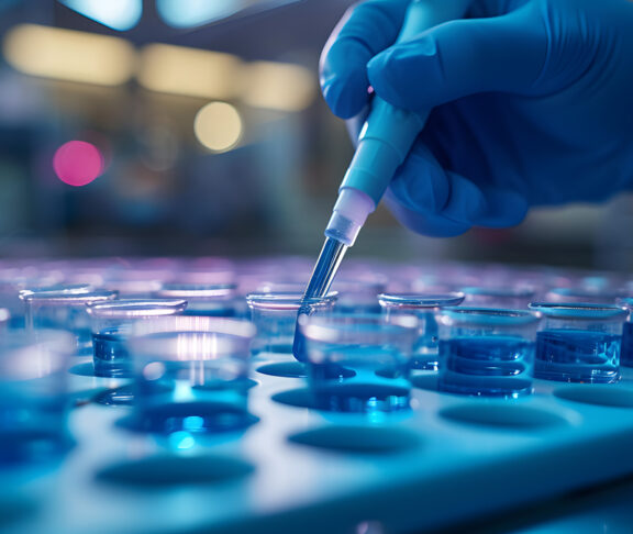 close up shot of scientist hands pipetting sample into dish for DNA testing in laboratory.