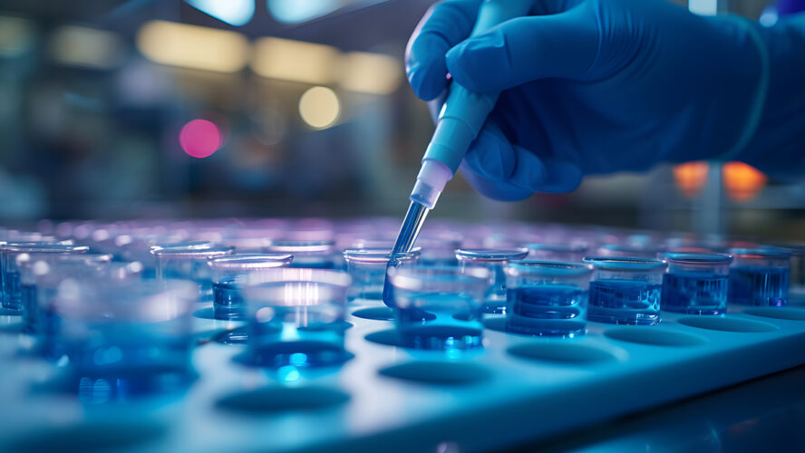 close up shot of scientist hands pipetting sample into dish for DNA testing in laboratory.