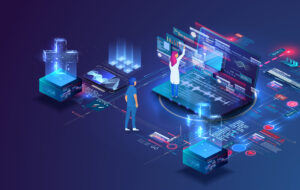 Online doctor and medical consultation. Pharmaceutical research laboratory with scientists working to develop new drugs and genetic testing.. Vector