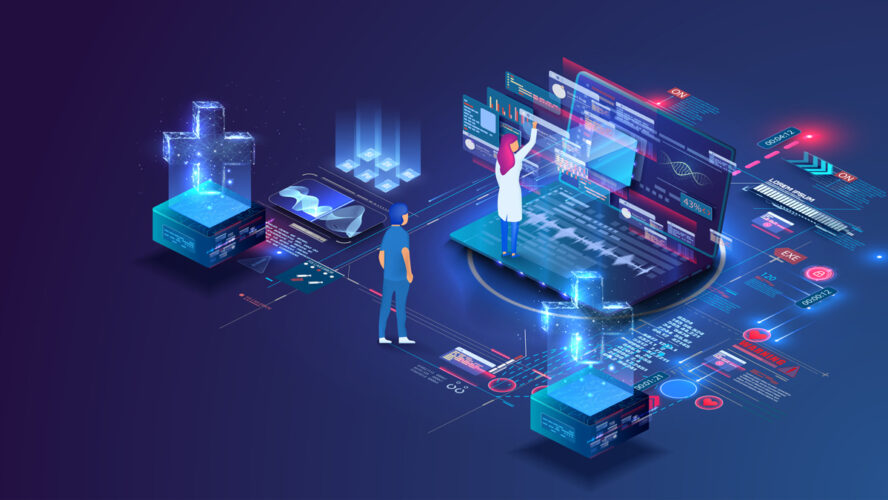 Online doctor and medical consultation. Pharmaceutical research laboratory with scientists working to develop new drugs and genetic testing.. Vector