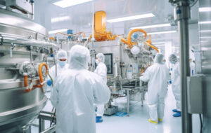 Inside a modern industrial pharmaceutical factory, a skilled workforce of scientists, and technicians collaborates to oversee and maintain the automated production lines