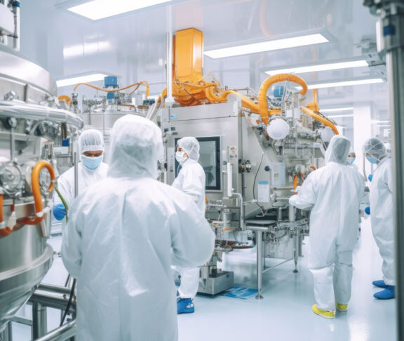 Inside a modern industrial pharmaceutical factory, a skilled workforce of scientists, and technicians collaborates to oversee and maintain the automated production lines