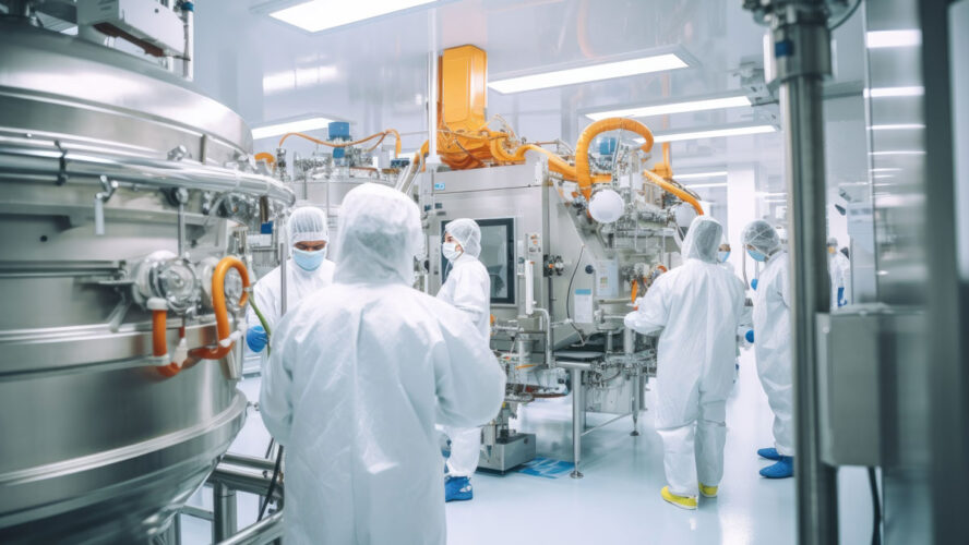 Inside a modern industrial pharmaceutical factory, a skilled workforce of scientists, and technicians collaborates to oversee and maintain the automated production lines