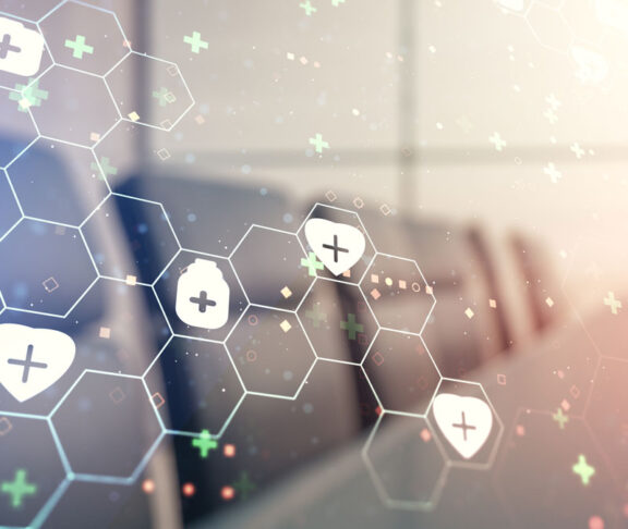 Abstract virtual medical illustration on a modern conference room background. Medicine and healthcare concept. Multiexposure