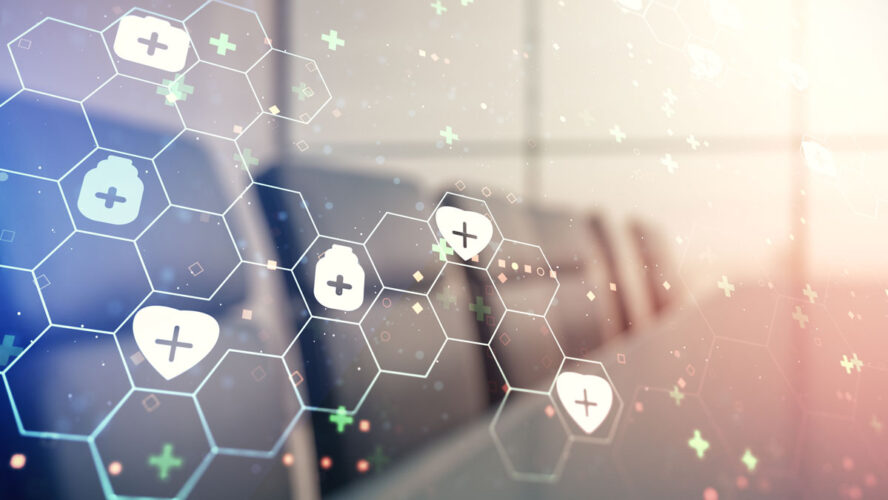 Abstract virtual medical illustration on a modern conference room background. Medicine and healthcare concept. Multiexposure