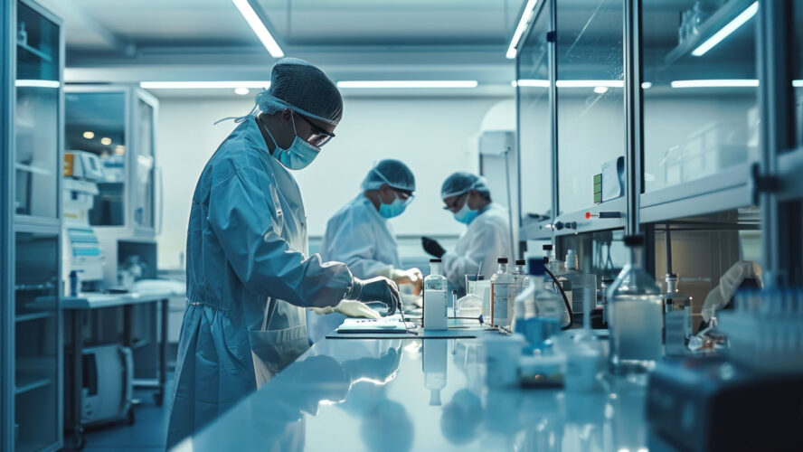 a group of scientists are working in a laboratory