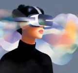 Woman wearing virtual reality headset with colorful abstract waves representing immersive digital experience and futuristic technology