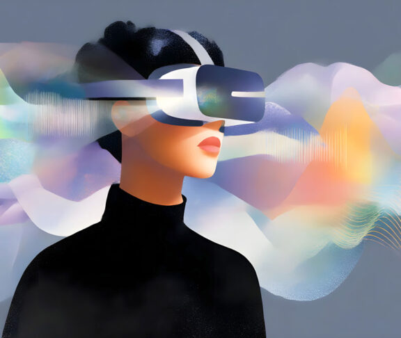 Woman wearing virtual reality headset with colorful abstract waves representing immersive digital experience and futuristic technology