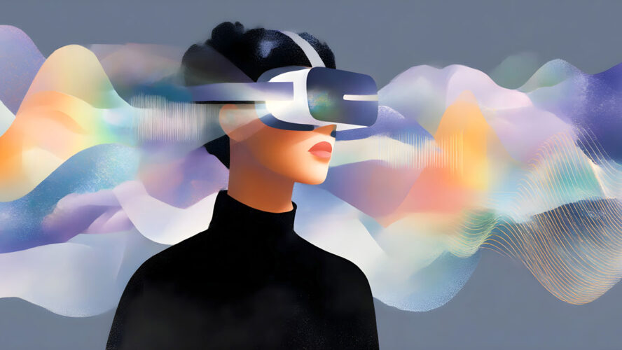 Woman wearing virtual reality headset with colorful abstract waves representing immersive digital experience and futuristic technology