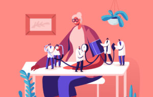 Tiny Doctors Characters Measuring Arterial Blood Pressure with Tonometer at Senior Woman Sitting at Table. Hypertension or Hypotension Disease, Health Care Check Up. Cartoon Flat Vector Illustration