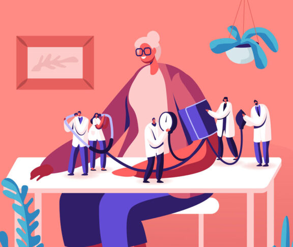 Tiny Doctors Characters Measuring Arterial Blood Pressure with Tonometer at Senior Woman Sitting at Table. Hypertension or Hypotension Disease, Health Care Check Up. Cartoon Flat Vector Illustration