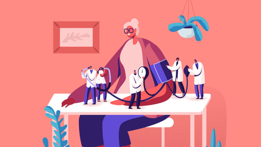 Tiny Doctors Characters Measuring Arterial Blood Pressure with Tonometer at Senior Woman Sitting at Table. Hypertension or Hypotension Disease, Health Care Check Up. Cartoon Flat Vector Illustration