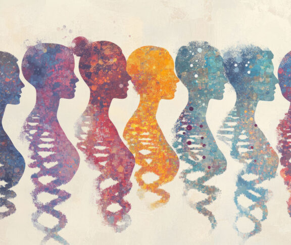 Diverse group of people with dna strands, symbolizing genealogy and genetic heritage.