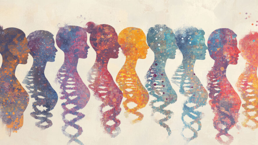 Diverse group of people with dna strands, symbolizing genealogy and genetic heritage.