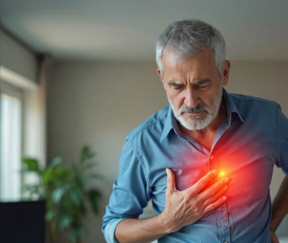 Older man experiencing chest pain. Symptoms of heart attack, angina pectoris. Concept of healthcare, cardiology. Senior feeling discomfort, touching chest, red glow pain. Health insurance concept