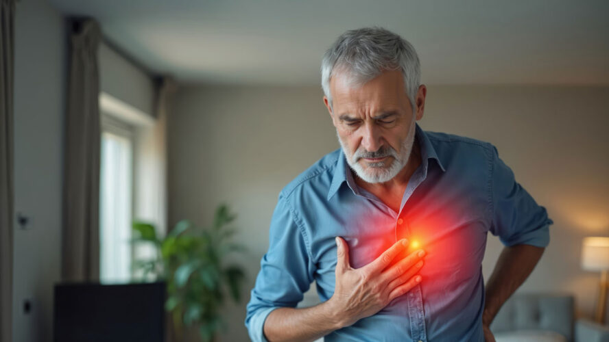 Older man experiencing chest pain. Symptoms of heart attack, angina pectoris. Concept of healthcare, cardiology. Senior feeling discomfort, touching chest, red glow pain. Health insurance concept