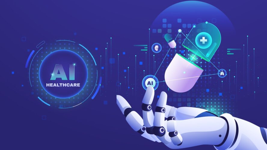 Gradient AI Healthcare Background with Pill and bionic hand - stock illustration