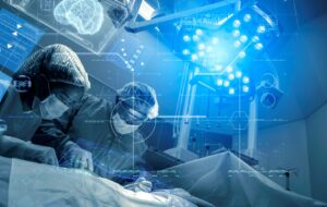 Operating room Doctor or Surgeon anatomy on Advanced robotic surgery machine futuristic virtual interface, robotic surgery are precision, miniaturisation future of tomorrow healthcare and wellness