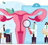 Cartoon medical professionals examining uterus. Vaginal endometriosis treatment flat vector illustration. Gynecology, infertility, health concept for banner, website design or landing web page