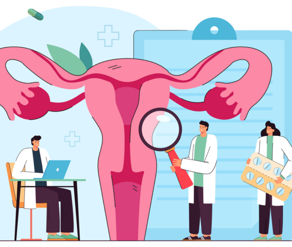 Cartoon medical professionals examining uterus. Vaginal endometriosis treatment flat vector illustration. Gynecology, infertility, health concept for banner, website design or landing web page