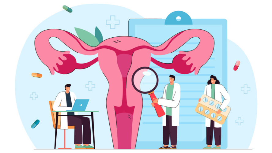 Cartoon medical professionals examining uterus. Vaginal endometriosis treatment flat vector illustration. Gynecology, infertility, health concept for banner, website design or landing web page