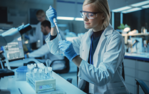 Female Research Scientist Uses Micropipette to Mix Liquids in a Sample Test Tube in a Modern Laboratory.