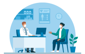 Doctor and patient meeting in the office, they are wearing face masks and talking, coronavirus prevention concept