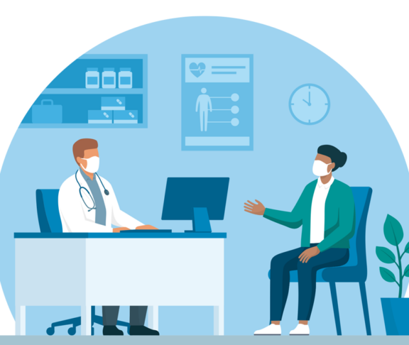 Doctor and patient meeting in the office, they are wearing face masks and talking, coronavirus prevention concept