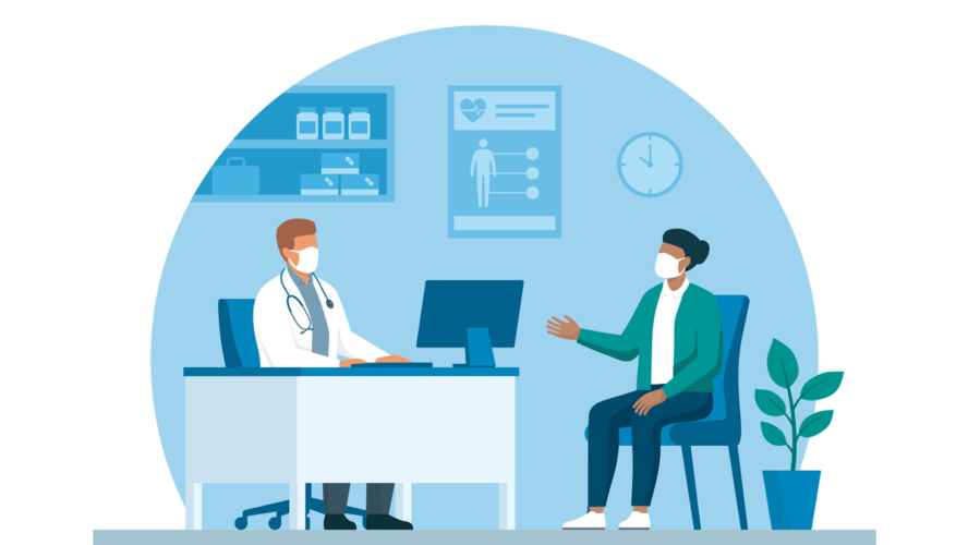 Doctor and patient meeting in the office, they are wearing face masks and talking, coronavirus prevention concept